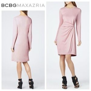 NWT BCBG Roxie Front Tuck Pleat Long-Sleeve Dress in Vintage Whisper Pink Large